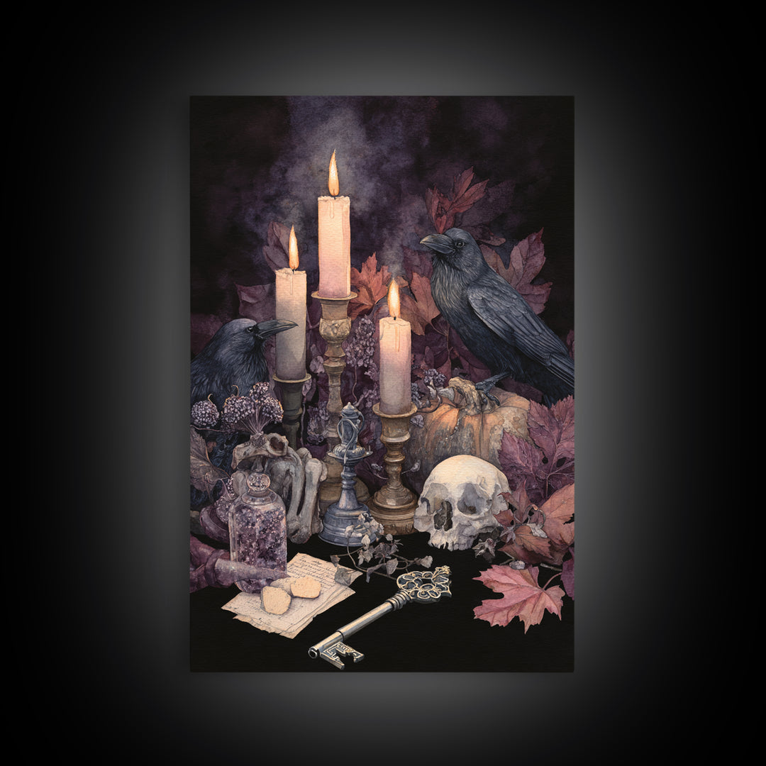 The Bone Key Still Life - Occult Still Life, Spooky Wall Decor, Vertical Wall Art, Framed Canvas Print, Halloween Home Decor