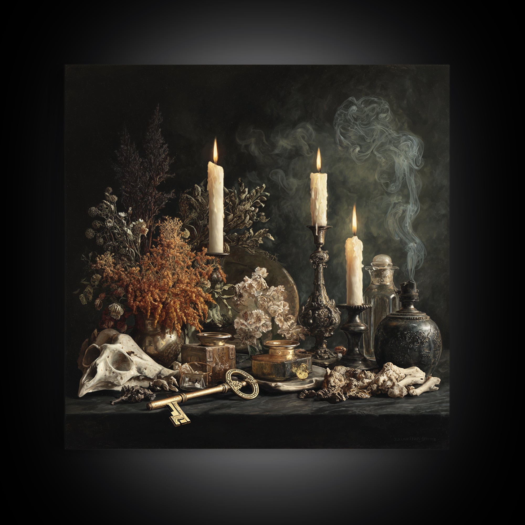 The Bone Key Still Life - Occult Still Life, Gothic Home Decor, Square Wall Art, Canvas Print, Halloween Home Decor, Gothic Wall Art