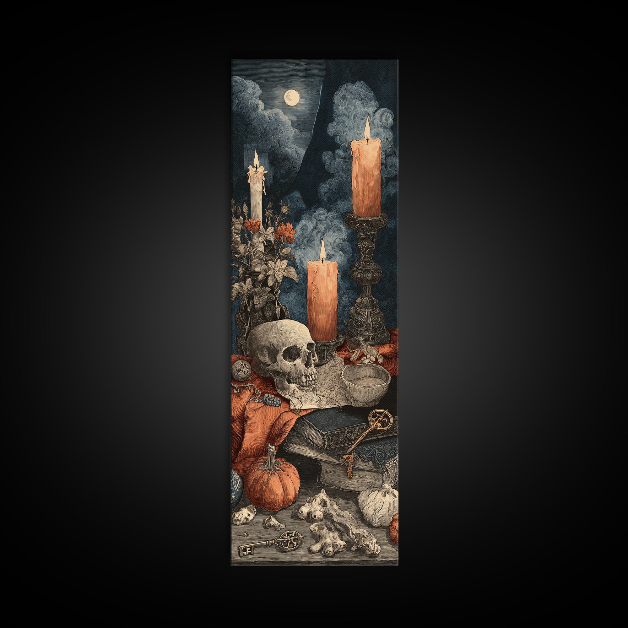 The Bone Key Still Life - Occult Still Life, Spooky Wall Decor, Tall Narrow Wall Art, Framed Canvas Print, Halloween Home Decor
