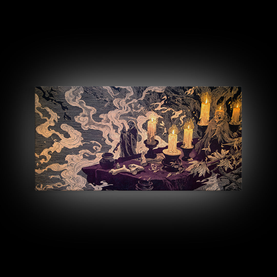 The Bone Key Still Life - Procession Scene, Spooky Wall Decor, Wide Panoramic Art, Framed Canvas Print, Halloween Home Decor