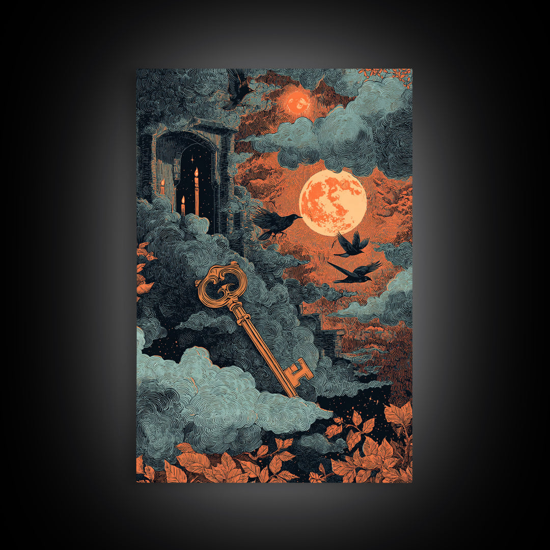 The Bone Key Still Life - Surreal Celestial Vision, Spooky Wall Decor, Vertical Wall Art, Framed Canvas Print, Halloween Home Decor