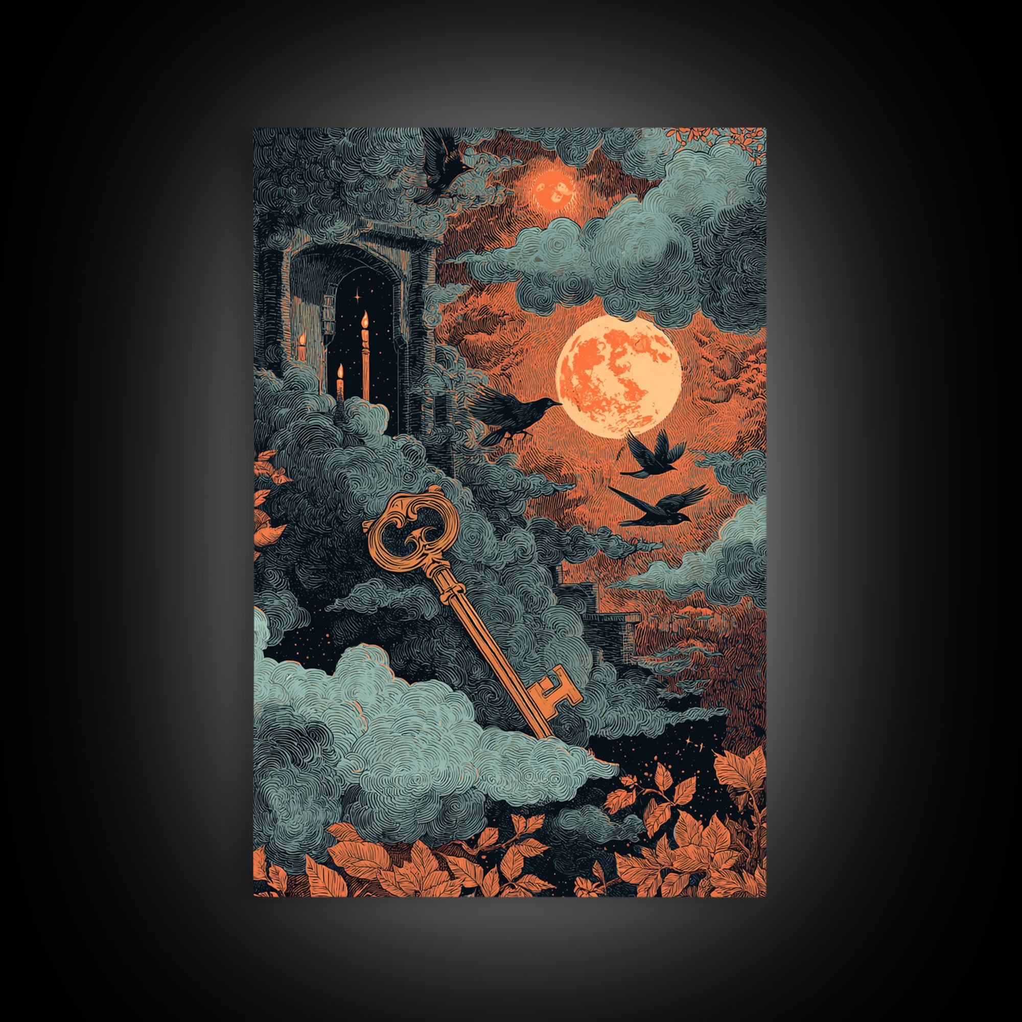 The Bone Key Still Life - Surreal Celestial Vision, Spooky Wall Decor, Vertical Wall Art, Framed Canvas Print, Halloween Home Decor