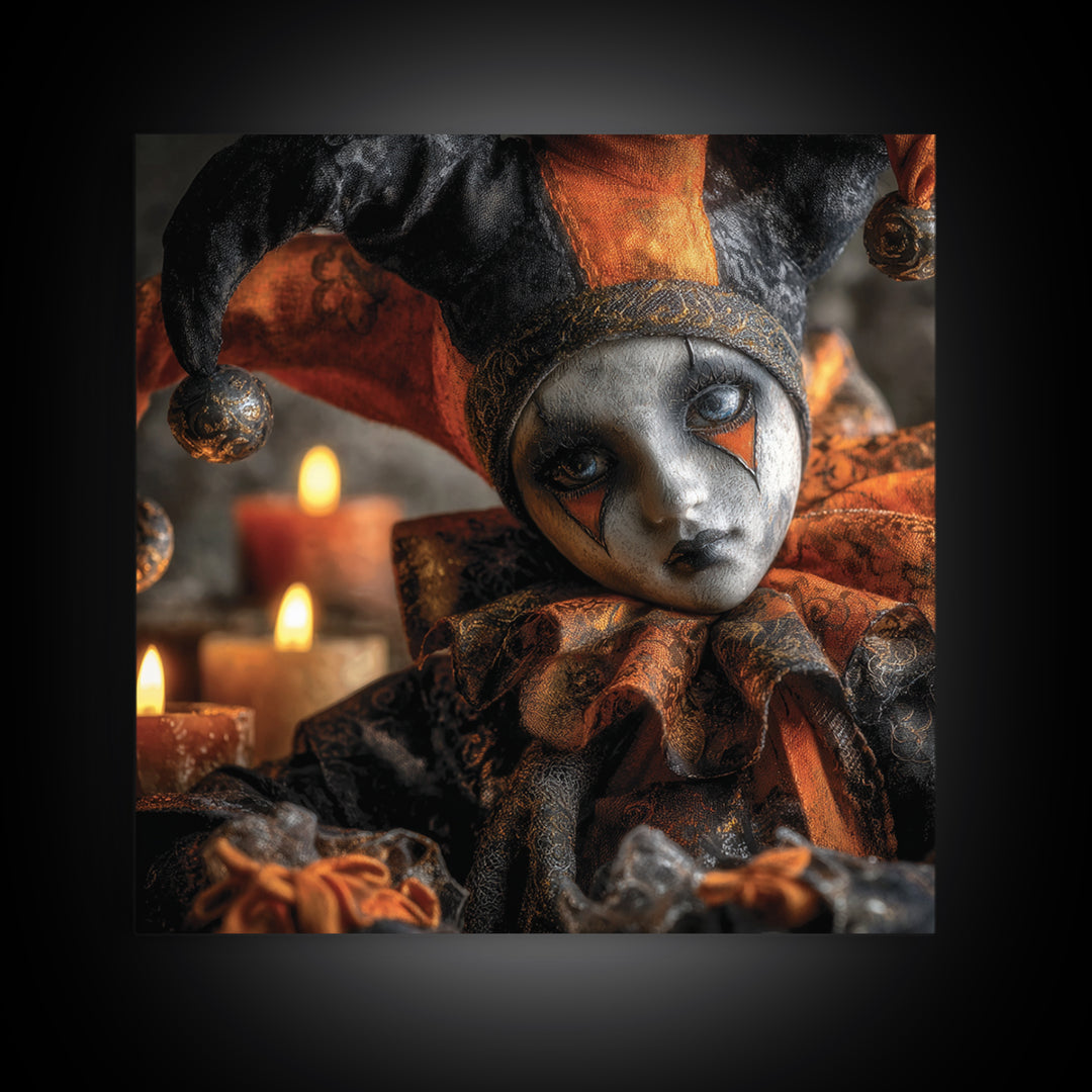 The Haunted Harlequin Doll - Icon Portrait, Gothic Home Decor, Square Wall Art, Canvas Print, Halloween Home Decor, Gothic Wall Art