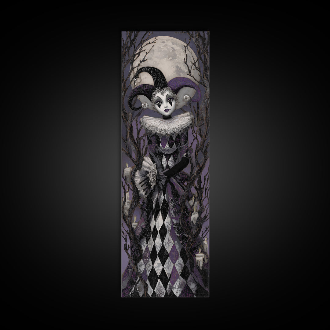 The Haunted Harlequin Doll - Icon Portrait, Halloween Wall Art, Tall Narrow Wall Art, Framed Canvas Print, Halloween Home Decor