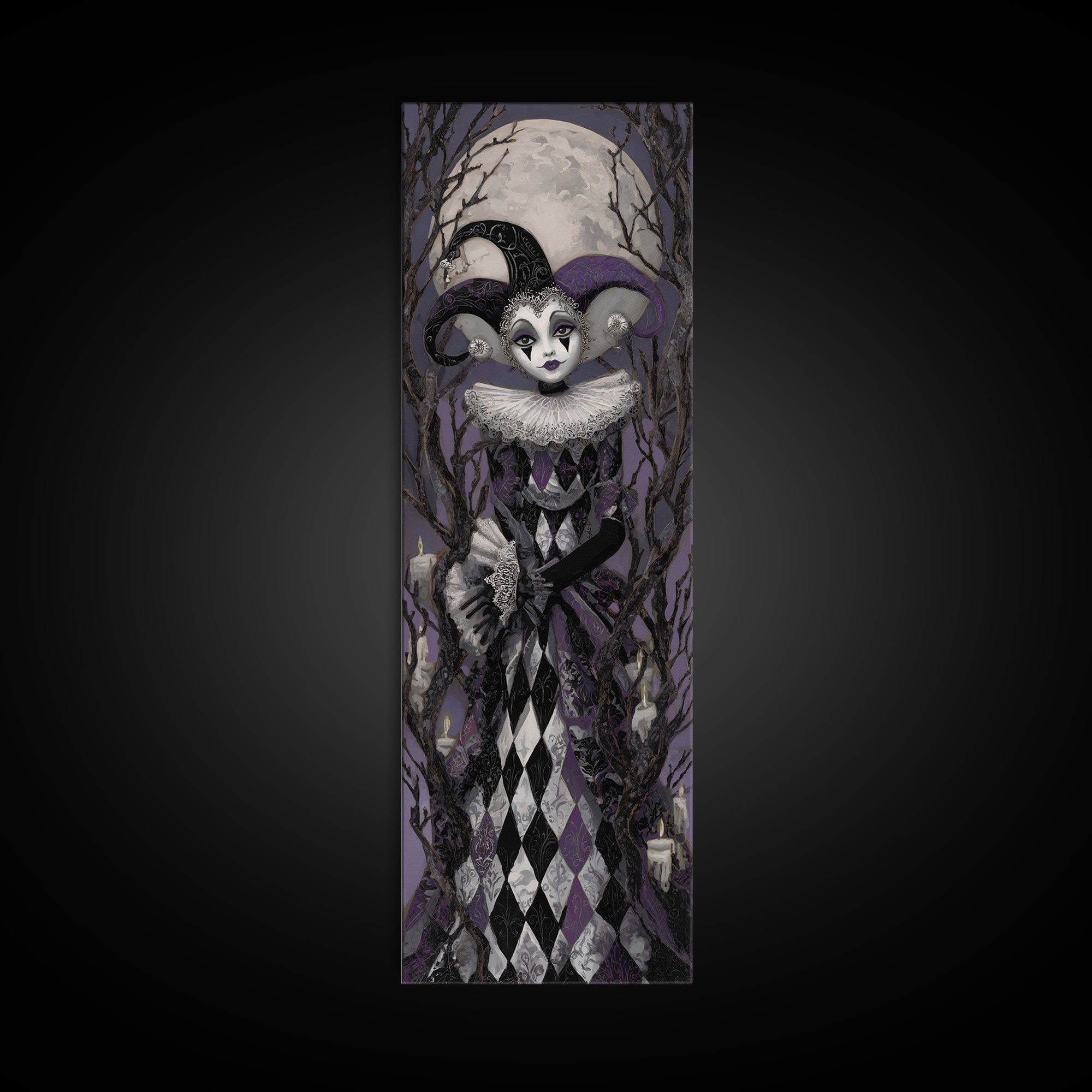 The Haunted Harlequin Doll - Icon Portrait, Halloween Wall Art, Tall Narrow Wall Art, Framed Canvas Print, Halloween Home Decor