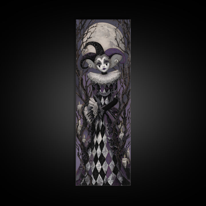 The Haunted Harlequin Doll - Icon Portrait, Halloween Wall Art, Tall Narrow Wall Art, Framed Canvas Print, Halloween Home Decor