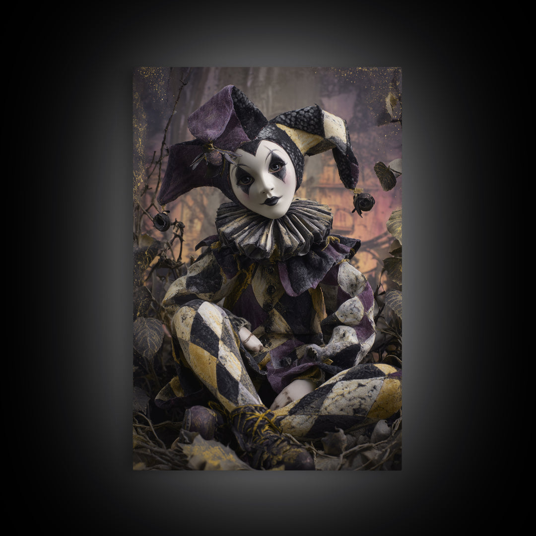 The Haunted Harlequin Doll - Environmental Panorama, Macabre Halloween Art, Vertical Wall Art, Framed Canvas Print, Halloween Home Decor