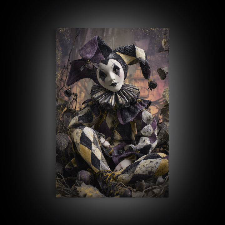 The Haunted Harlequin Doll - Environmental Panorama, Macabre Halloween Art, Vertical Wall Art, Framed Canvas Print, Halloween Home Decor