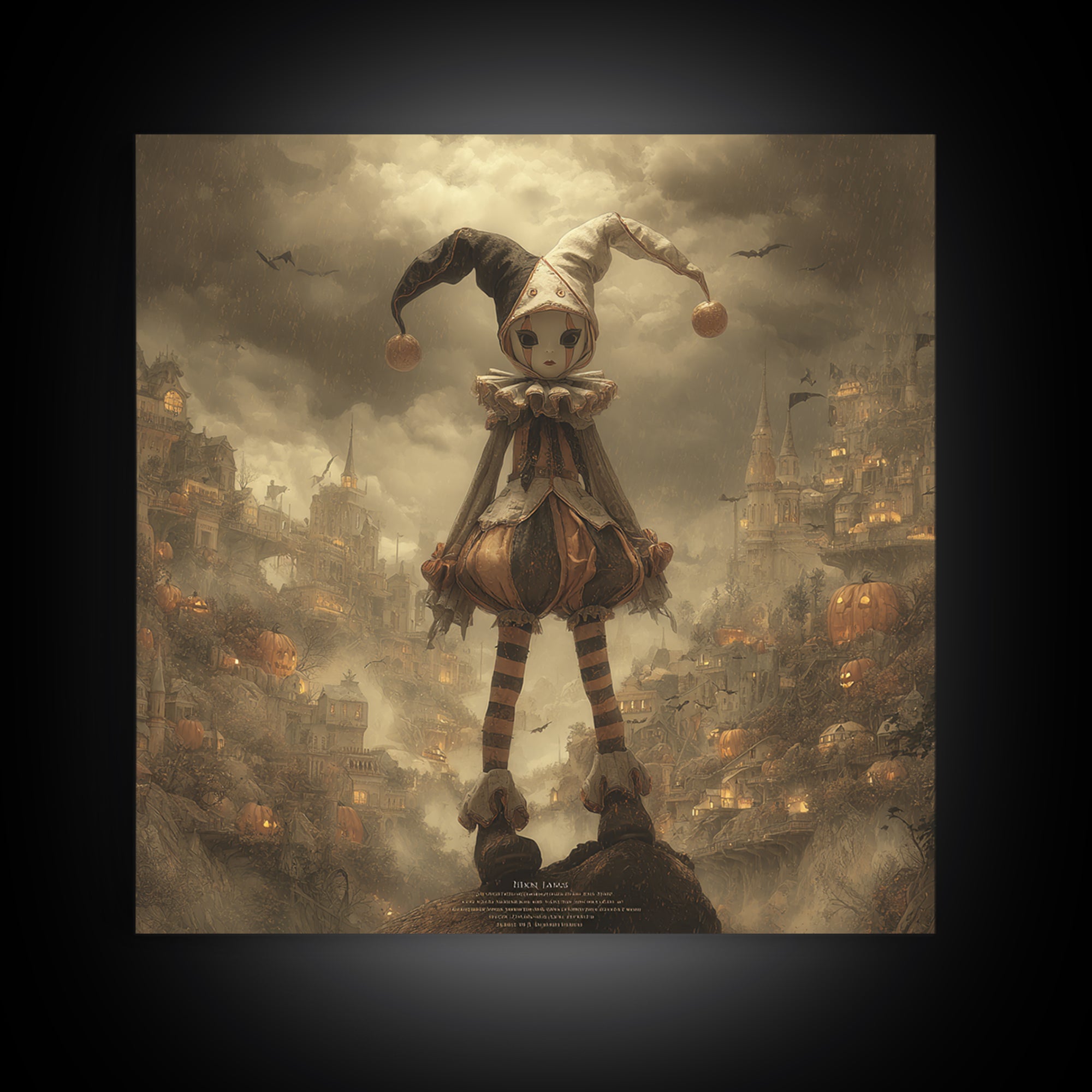 The Haunted Harlequin Doll - Environmental Panorama, Spooky Wall Decor, Square Wall Art, Framed Canvas Print, Halloween Home Decor