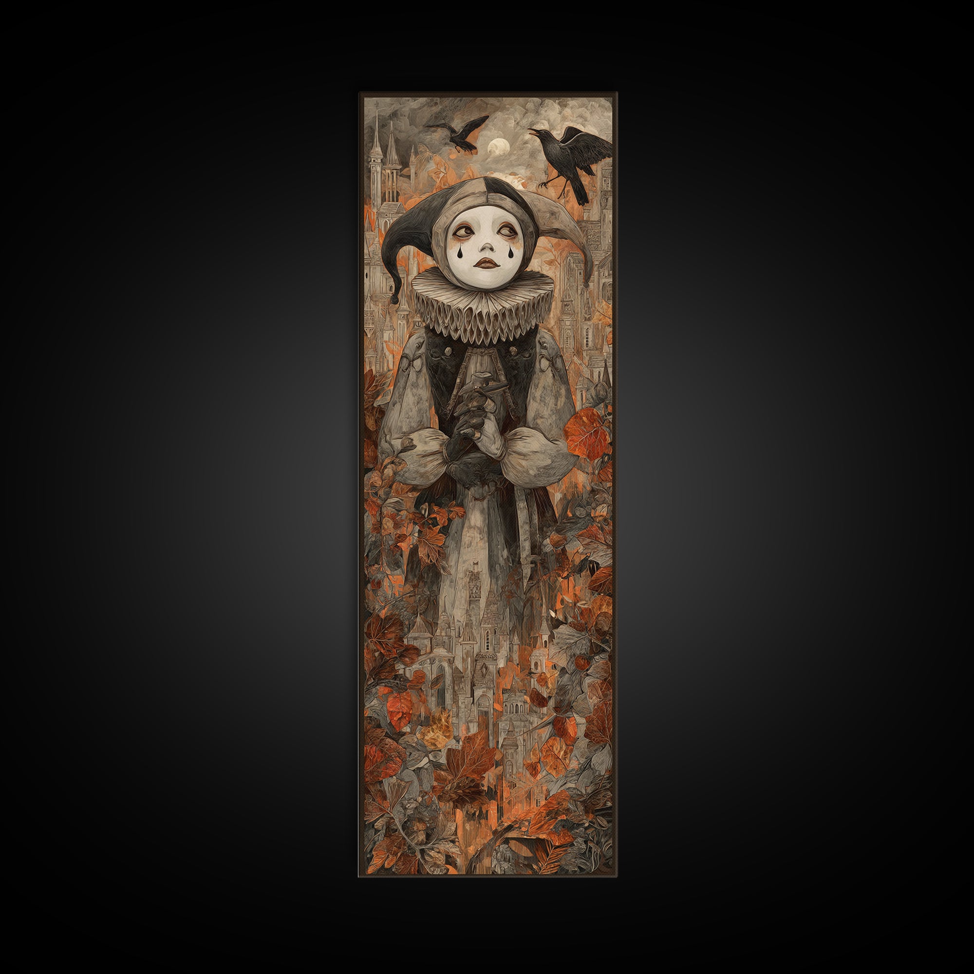 The Haunted Harlequin Doll - Environmental Panorama, Halloween Wall Art, Tall Narrow Wall Art, Framed Canvas Print, Halloween Home Decor