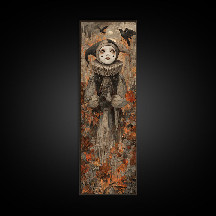 The Haunted Harlequin Doll - Environmental Panorama, Halloween Wall Art, Tall Narrow Wall Art, Framed Canvas Print, Halloween Home Decor