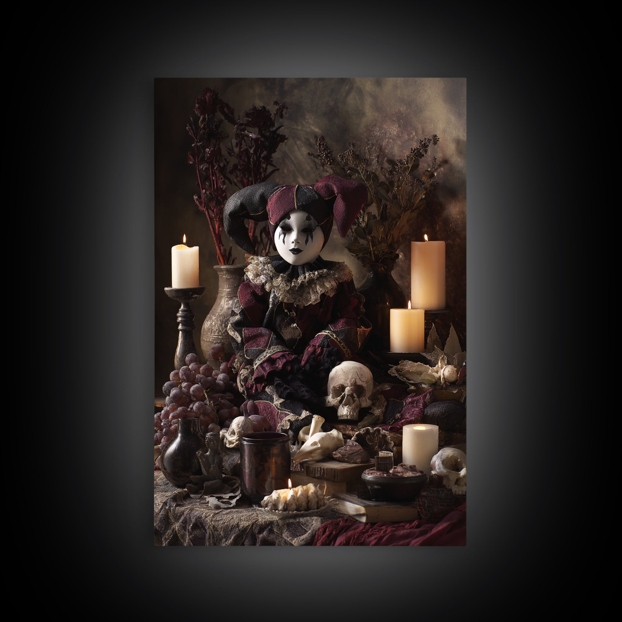 The Haunted Harlequin Doll - Occult Still Life, Halloween Wall Art, Vertical Wall Art, Framed Canvas Print, Halloween Home Decor