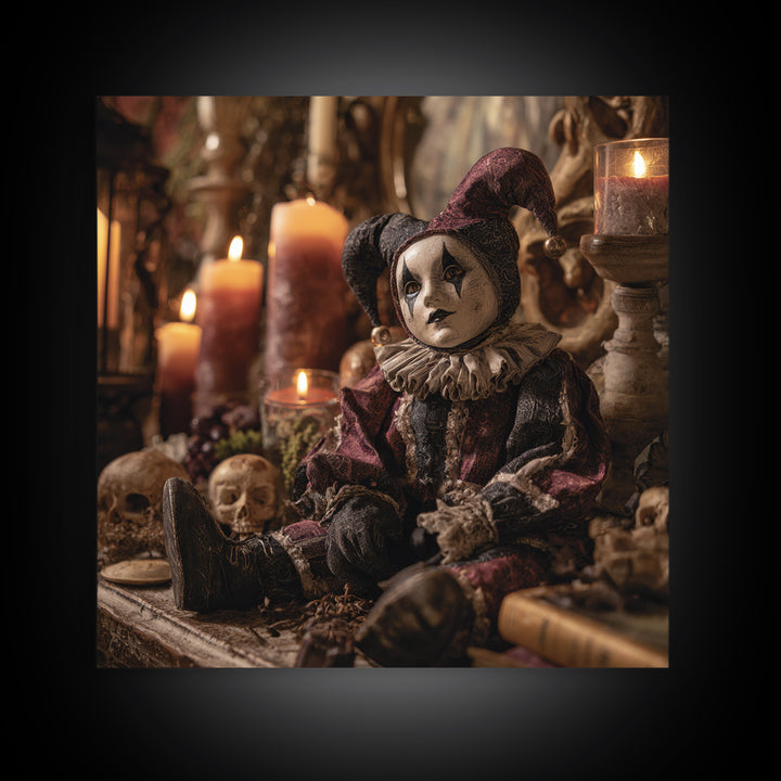 The Haunted Harlequin Doll - Occult Still Life, Spooky Wall Decor, Square Wall Art, Framed Canvas Print, Halloween Home Decor