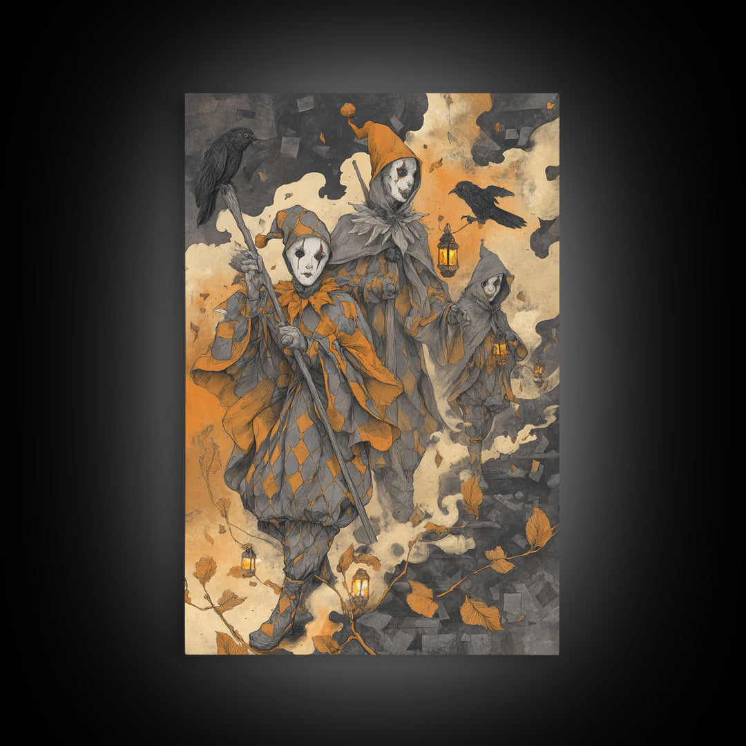 The Haunted Harlequin Doll - Procession Scene, Halloween Wall Art, Vertical Wall Art, Framed Canvas Print, Halloween Home Decor