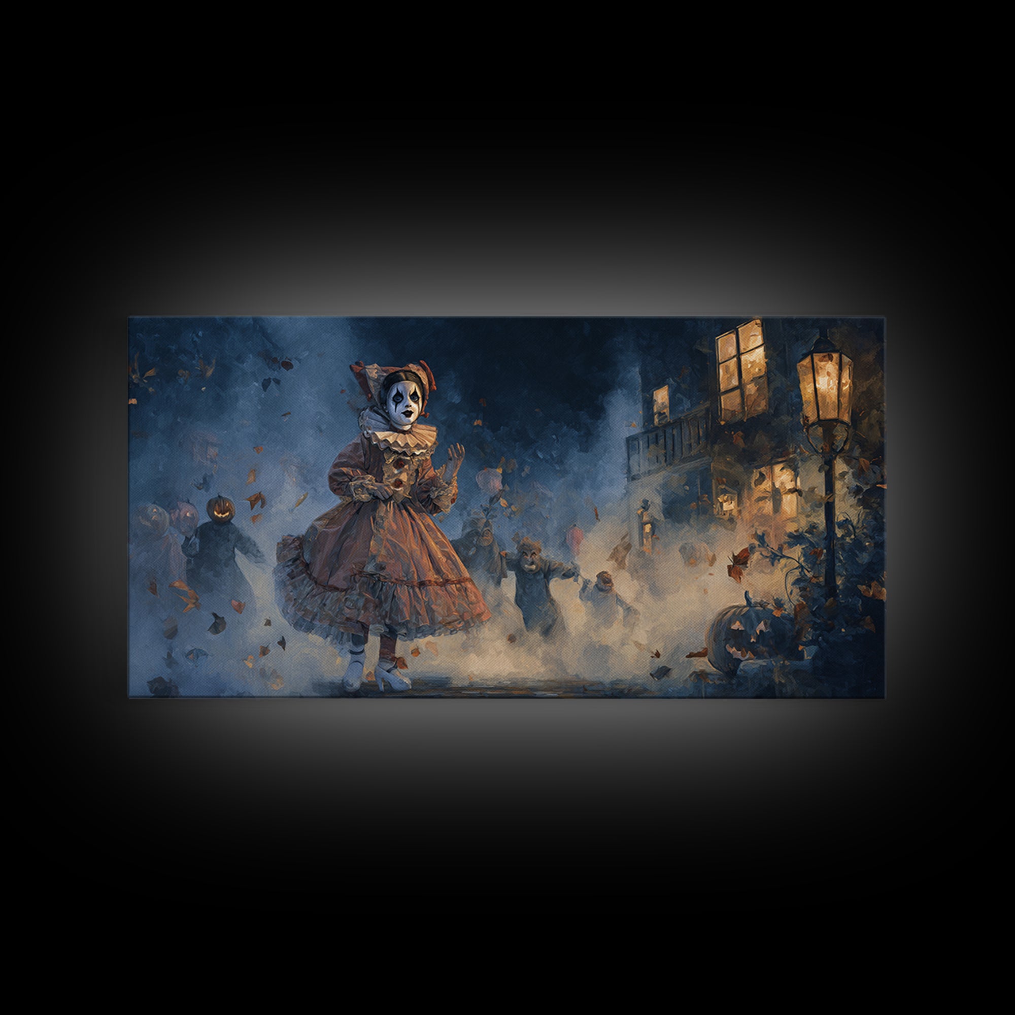 The Haunted Harlequin Doll - Procession Scene, Dark Fantasy Wall Art, Wide Panoramic Art, Canvas Print, Halloween Home Decor