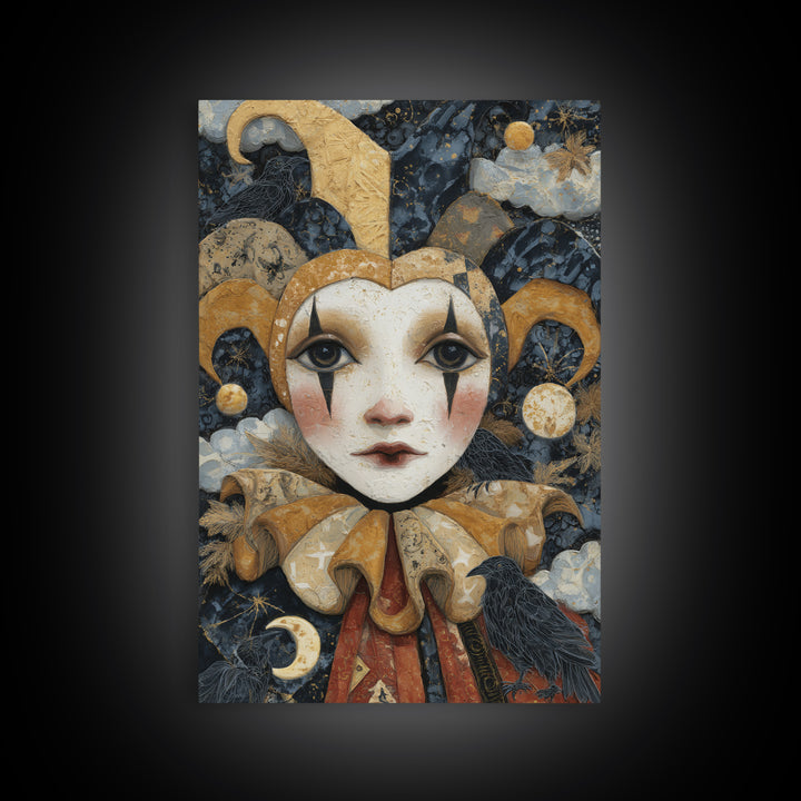 The Haunted Harlequin Doll - Surreal Celestial Vision, Dark Fantasy Wall Art, Vertical Wall Art, Canvas Print, Halloween Home Decor