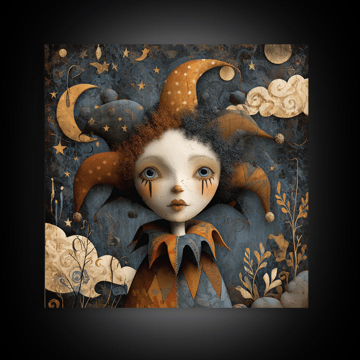 The Haunted Harlequin Doll - Surreal Celestial Vision, Halloween Wall Art, Square Wall Art, Framed Canvas Print, Halloween Home Decor