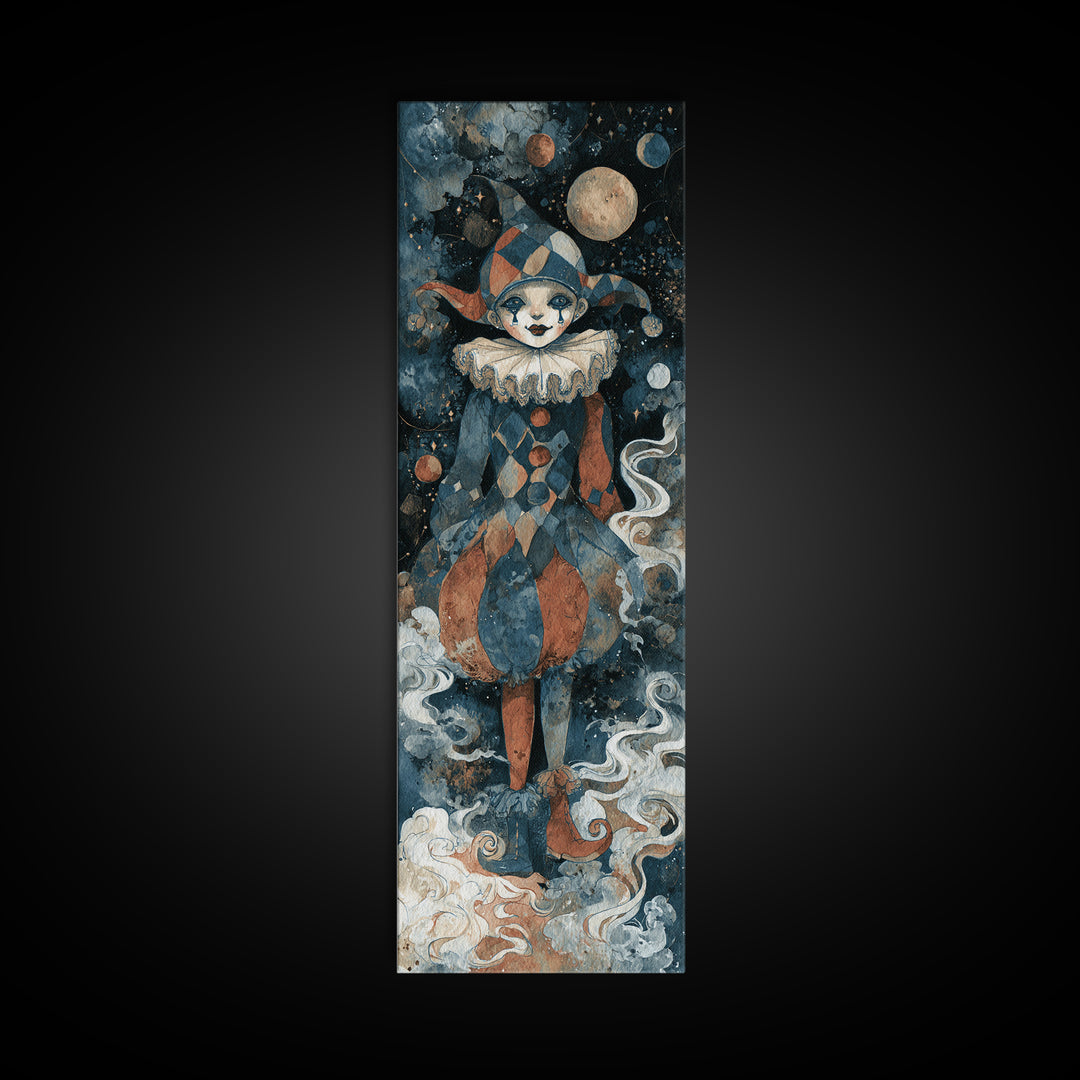 The Haunted Harlequin Doll - Surreal Celestial Vision, Dark Fantasy Wall Art, Tall Narrow Wall Art, Canvas Print, Halloween Home Decor