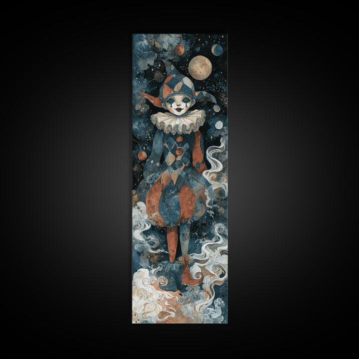 The Haunted Harlequin Doll - Surreal Celestial Vision, Dark Fantasy Wall Art, Tall Narrow Wall Art, Canvas Print, Halloween Home Decor