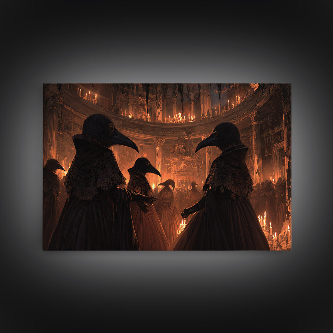 The Raven-Masked Ballroom - Icon Portrait, Macabre Halloween Art, Landscape Wall Art, Framed Canvas Print, Halloween Home Decor
