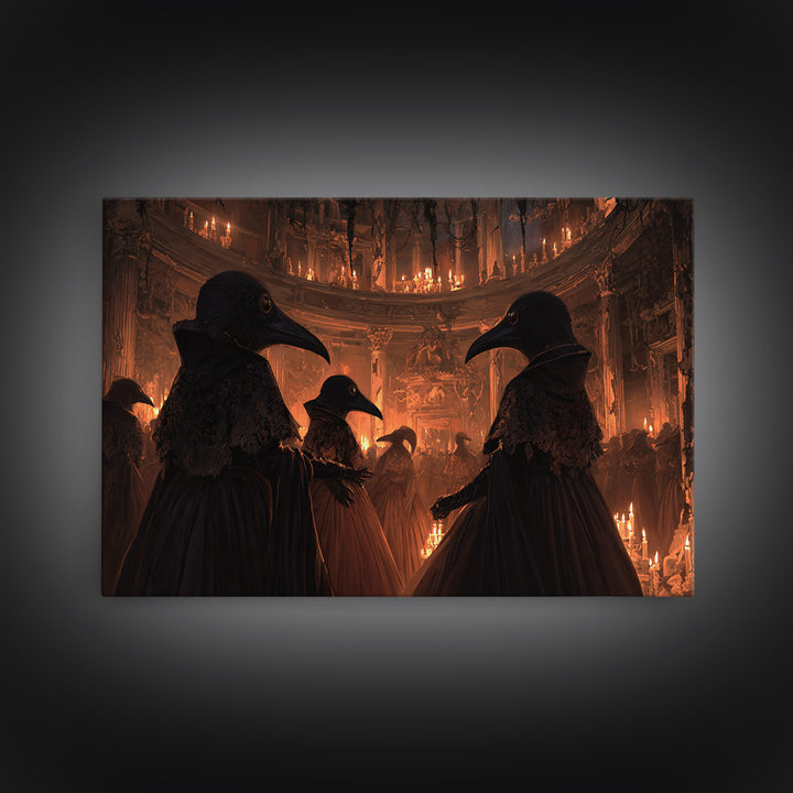 The Raven-Masked Ballroom - Icon Portrait, Macabre Halloween Art, Landscape Wall Art, Framed Canvas Print, Halloween Home Decor