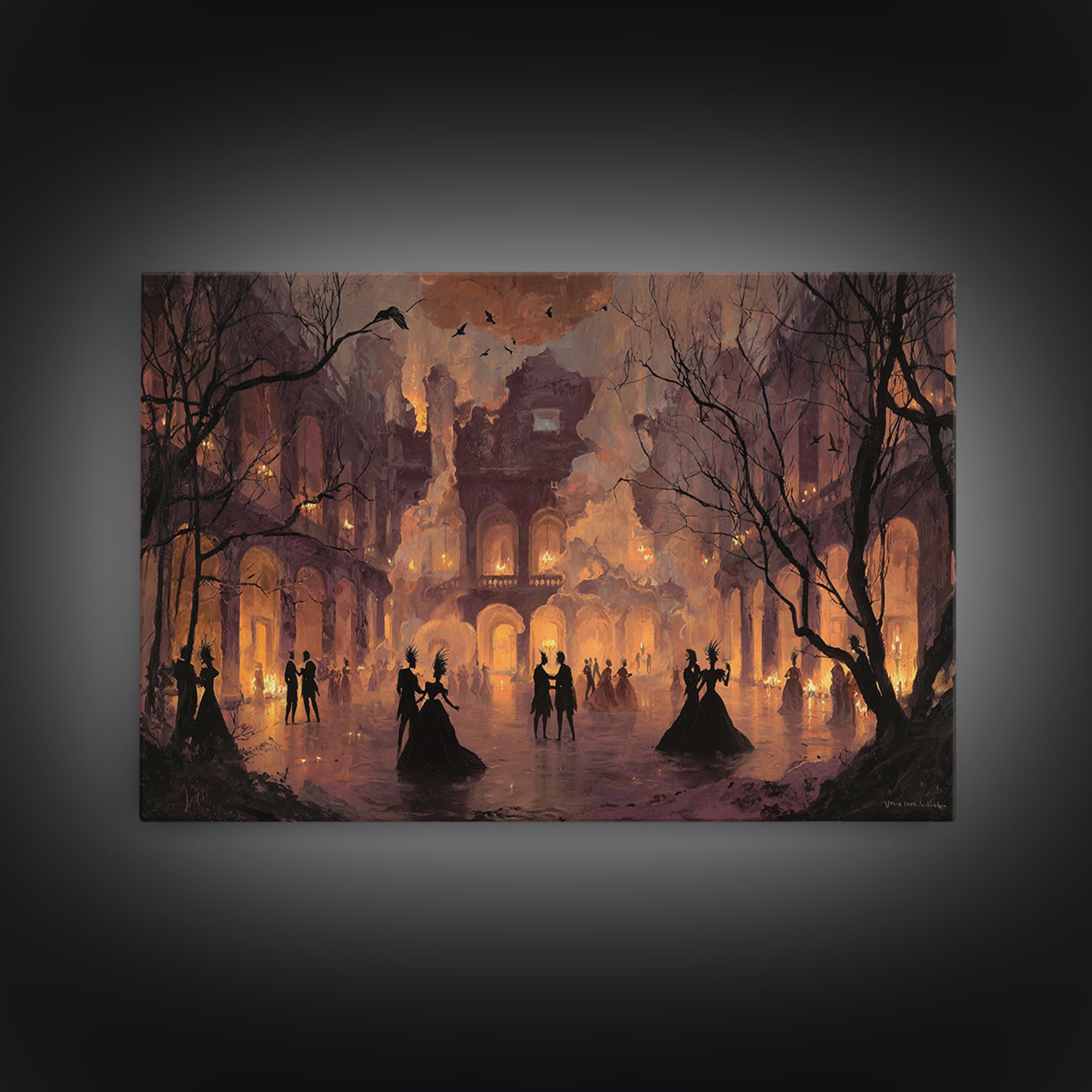 The Raven-Masked Ballroom - Environmental Panorama, Occult Wall Decor, Landscape Wall Art, Canvas Print, Halloween Home Decor