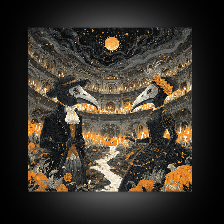 The Raven-Masked Ballroom - Environmental Panorama, Occult Wall Decor, Square Wall Art, Canvas Print, Halloween Home Decor, Gothic Wall Art