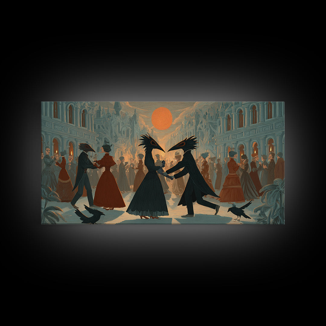 The Raven-Masked Ballroom - Environmental Panorama, Macabre Halloween Art, Wide Panoramic Art, Framed Canvas Print, Halloween Home Decor