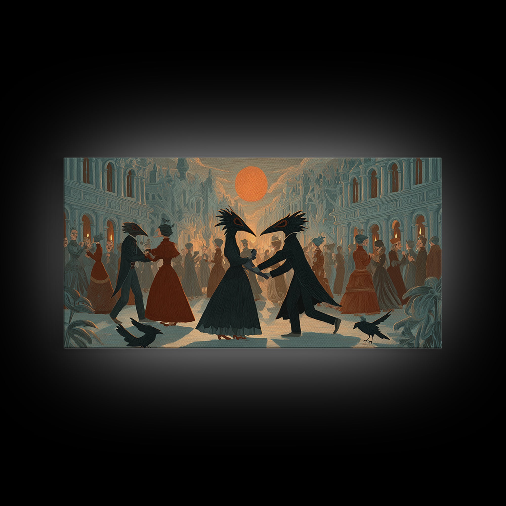 The Raven-Masked Ballroom - Environmental Panorama, Macabre Halloween Art, Wide Panoramic Art, Framed Canvas Print, Halloween Home Decor