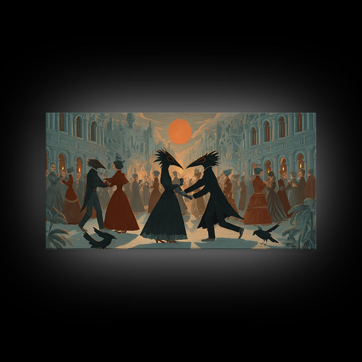 The Raven-Masked Ballroom - Environmental Panorama, Macabre Halloween Art, Wide Panoramic Art, Framed Canvas Print, Halloween Home Decor