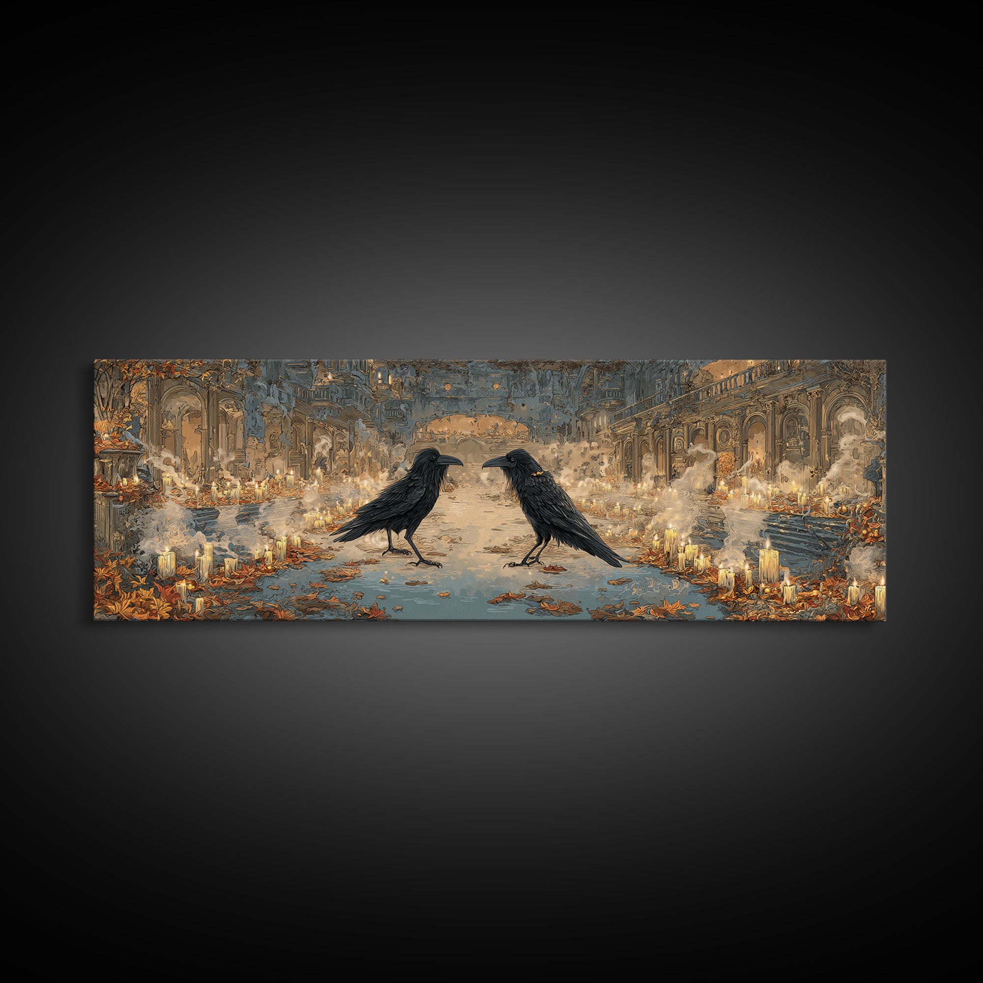 The Raven-Masked Ballroom - Environmental Panorama, Gothic Home Decor, Extra Wide Wall Art, Canvas Print, Halloween Home Decor