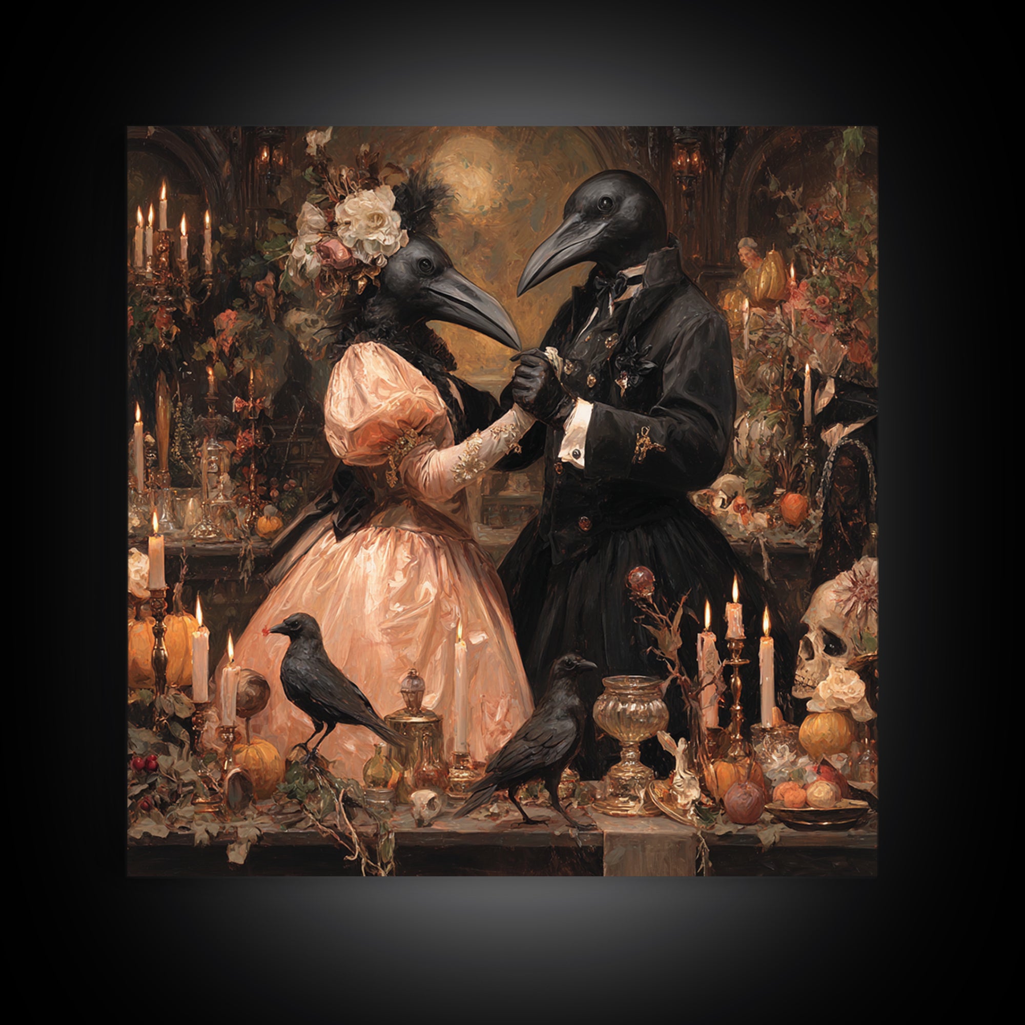 The Raven-Masked Ballroom - Occult Still Life, Spooky Wall Decor, Square Wall Art, Framed Canvas Print, Halloween Home Decor
