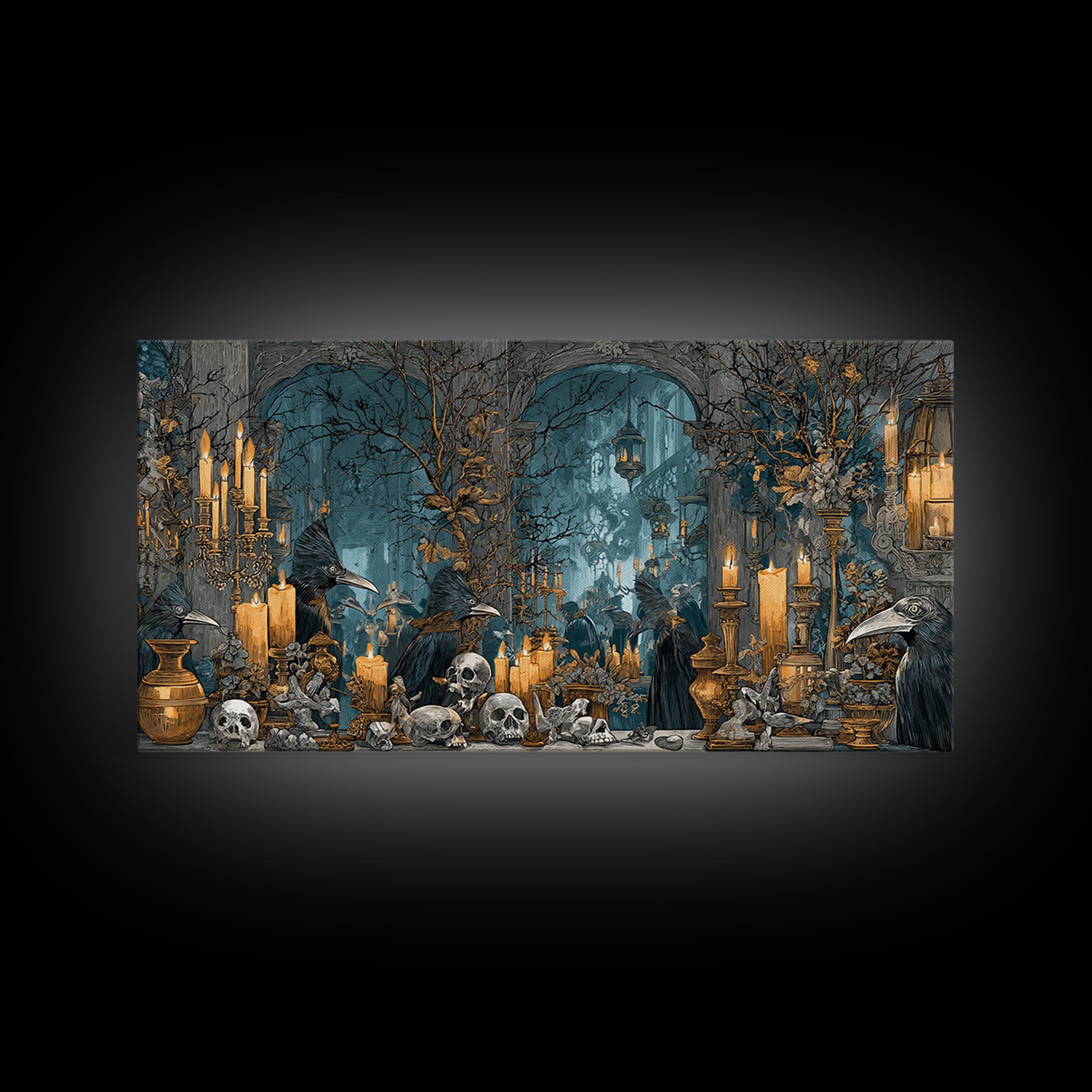 The Raven-Masked Ballroom - Occult Still Life, Halloween Wall Art, Wide Panoramic Art, Framed Canvas Print, Halloween Home Decor