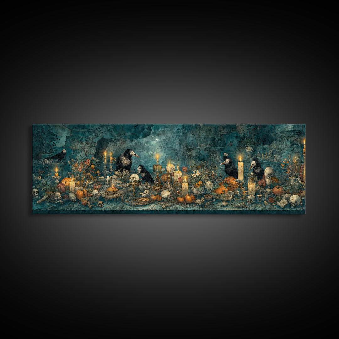 The Raven-Masked Ballroom - Occult Still Life, Halloween Wall Art, Extra Wide Wall Art, Framed Canvas Print, Halloween Home Decor