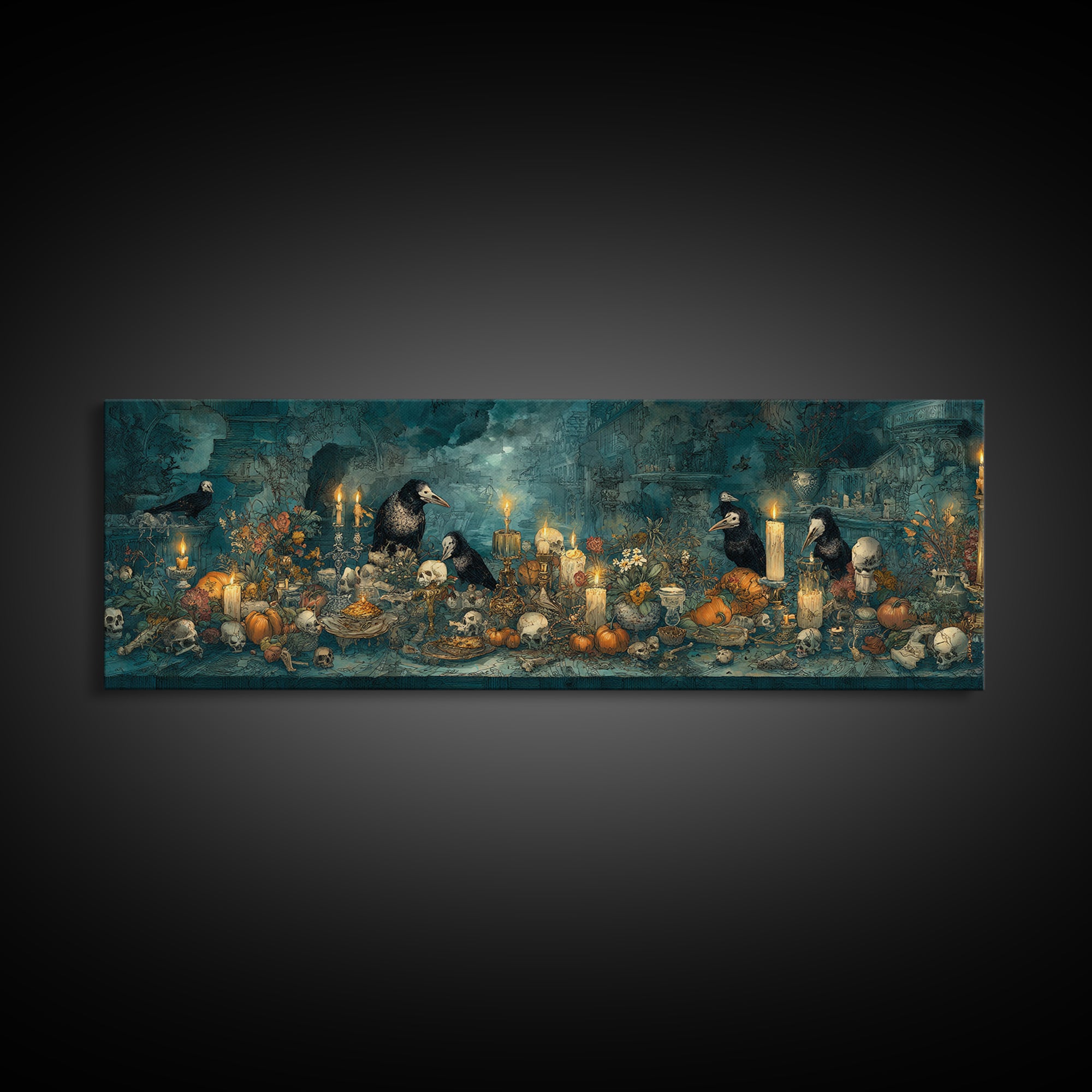 The Raven-Masked Ballroom - Occult Still Life, Halloween Wall Art, Extra Wide Wall Art, Framed Canvas Print, Halloween Home Decor