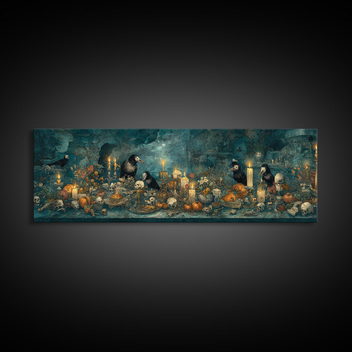 The Raven-Masked Ballroom - Occult Still Life, Halloween Wall Art, Extra Wide Wall Art, Framed Canvas Print, Halloween Home Decor