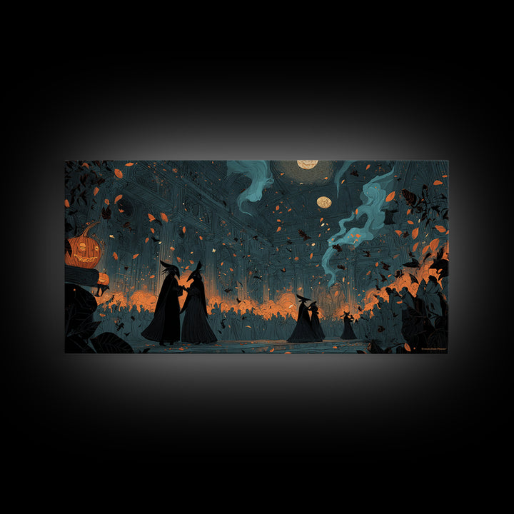 The Raven-Masked Ballroom - Procession Scene, Spooky Wall Decor, Wide Panoramic Art, Framed Canvas Print, Halloween Home Decor