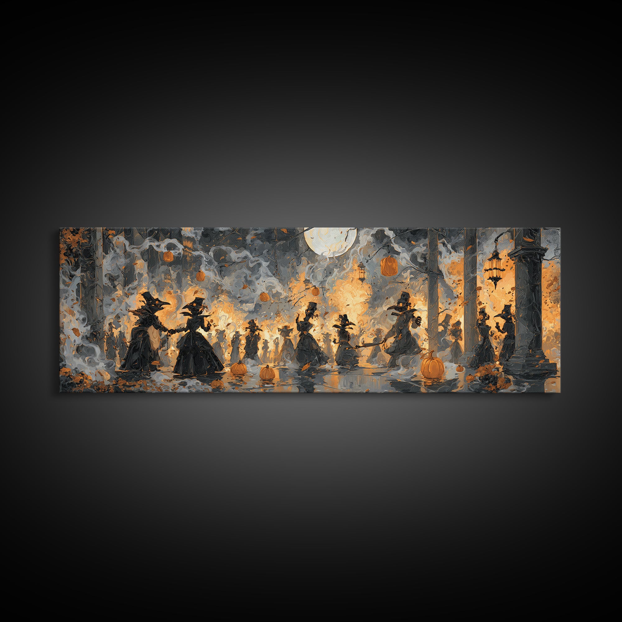 The Raven-Masked Ballroom - Procession Scene, Occult Wall Decor, Extra Wide Wall Art, Canvas Print, Halloween Home Decor, Gothic Wall Art