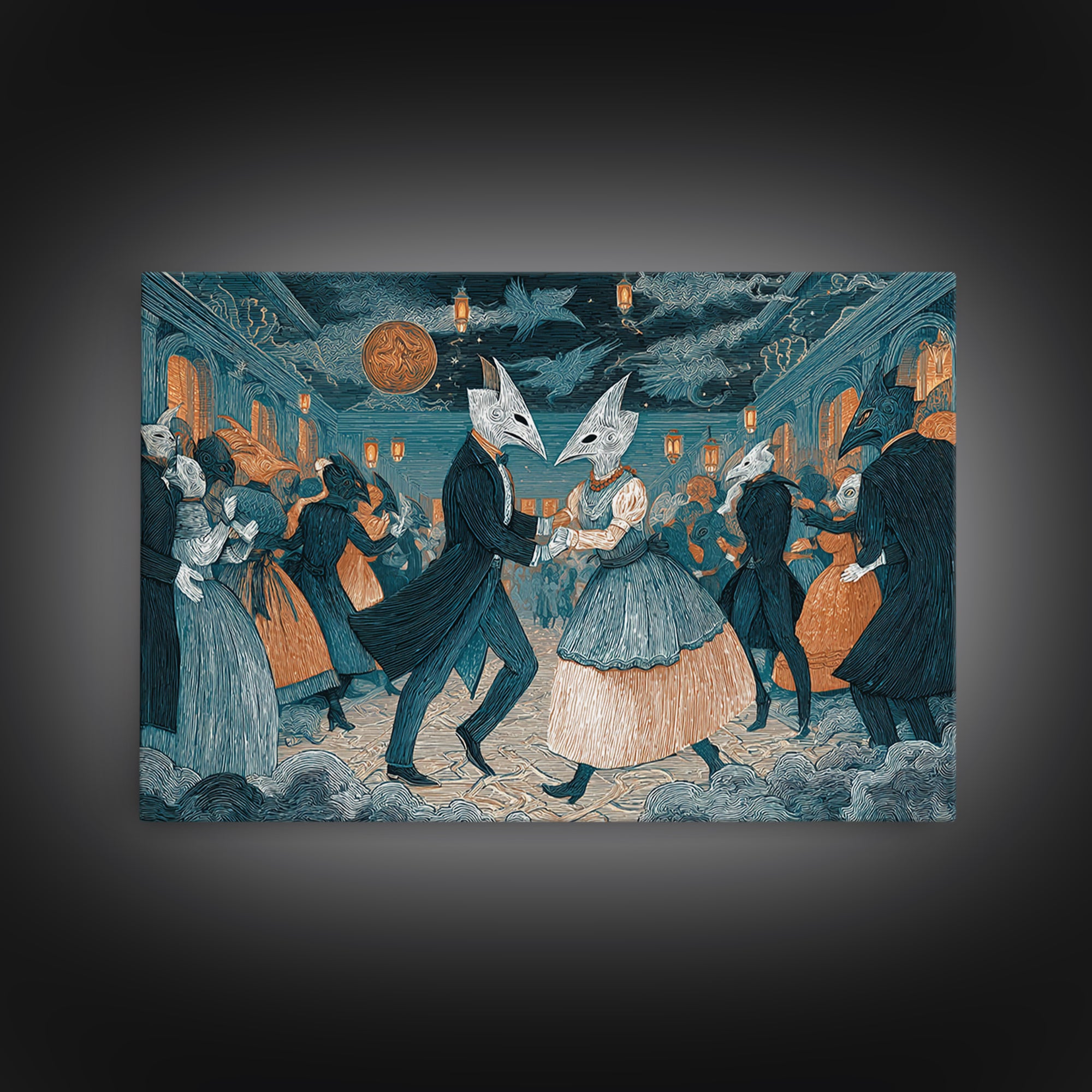 The Raven-Masked Ballroom - Surreal Celestial Vision, Halloween Wall Art, Landscape Wall Art, Framed Canvas Print, Halloween Home Decor