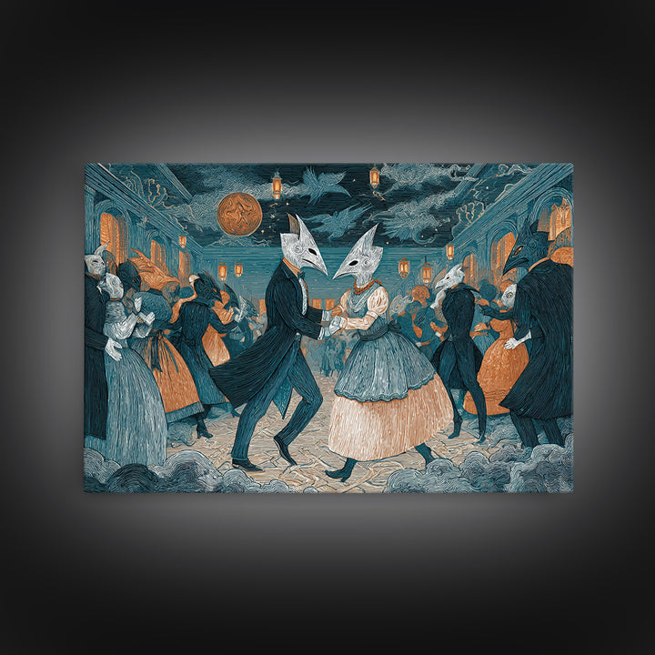 The Raven-Masked Ballroom - Surreal Celestial Vision, Halloween Wall Art, Landscape Wall Art, Framed Canvas Print, Halloween Home Decor