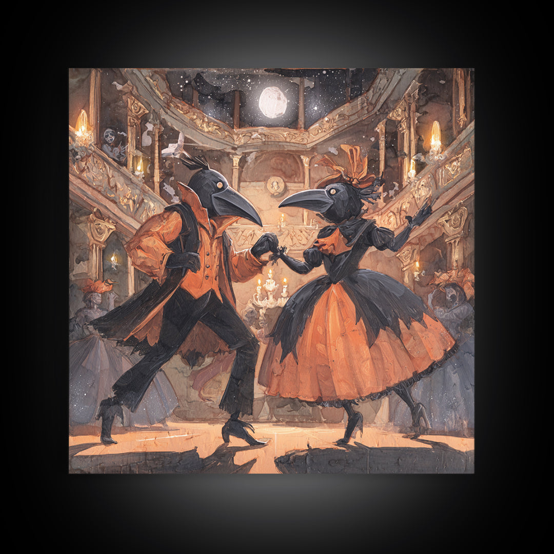 The Raven-Masked Ballroom - Surreal Celestial Vision, Macabre Halloween Art, Square Wall Art, Framed Canvas Print, Halloween Home Decor