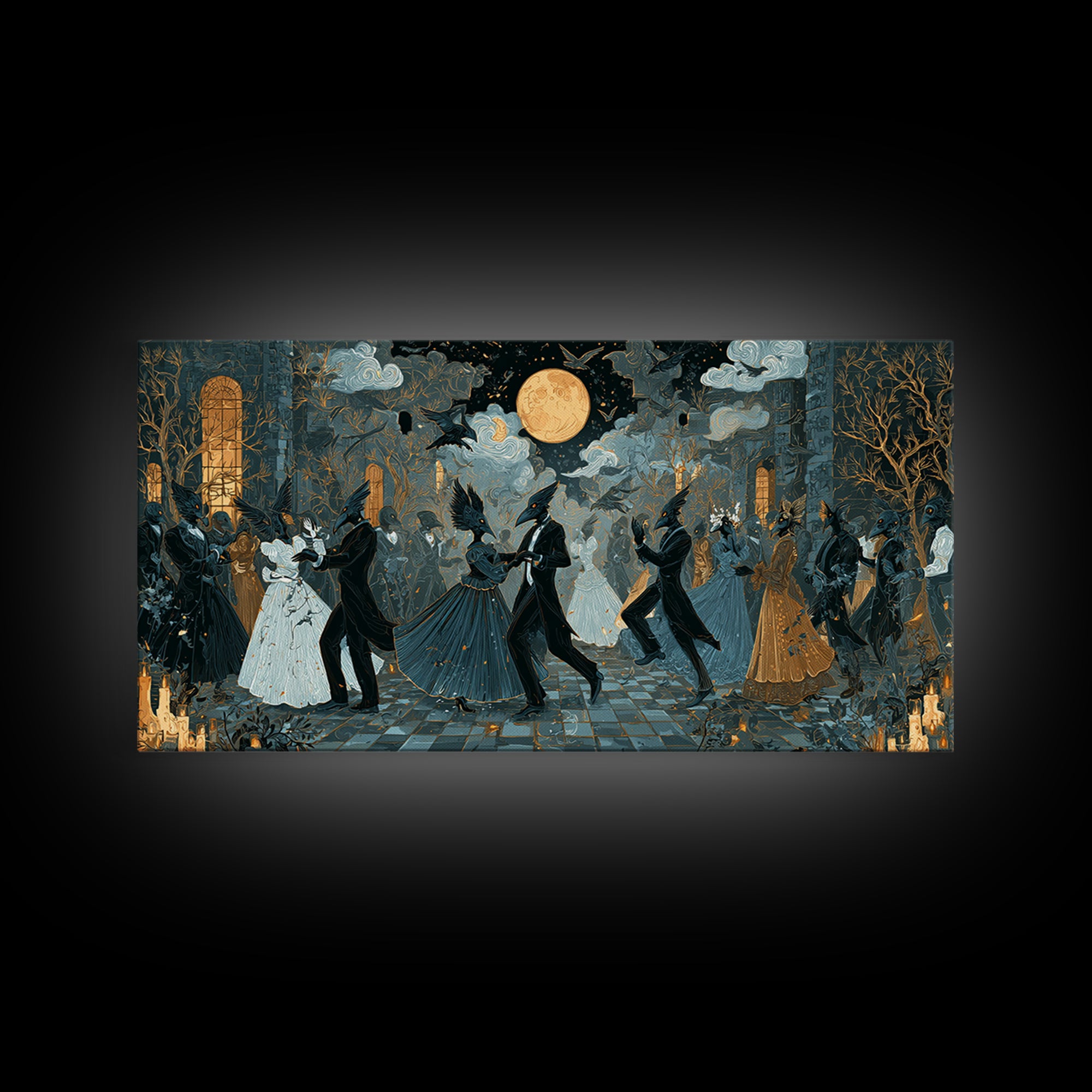 The Raven-Masked Ballroom - Surreal Celestial Vision, Occult Wall Decor, Wide Panoramic Art, Canvas Print, Halloween Home Decor
