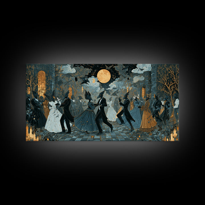 The Raven-Masked Ballroom - Surreal Celestial Vision, Occult Wall Decor, Wide Panoramic Art, Canvas Print, Halloween Home Decor
