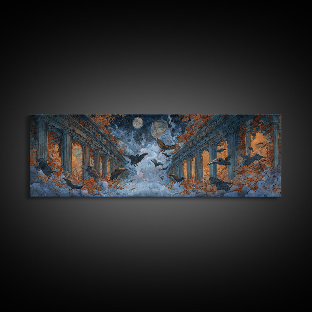 The Raven-Masked Ballroom - Surreal Celestial Vision, Dark Fantasy Wall Art, Extra Wide Wall Art, Canvas Print, Halloween Home Decor