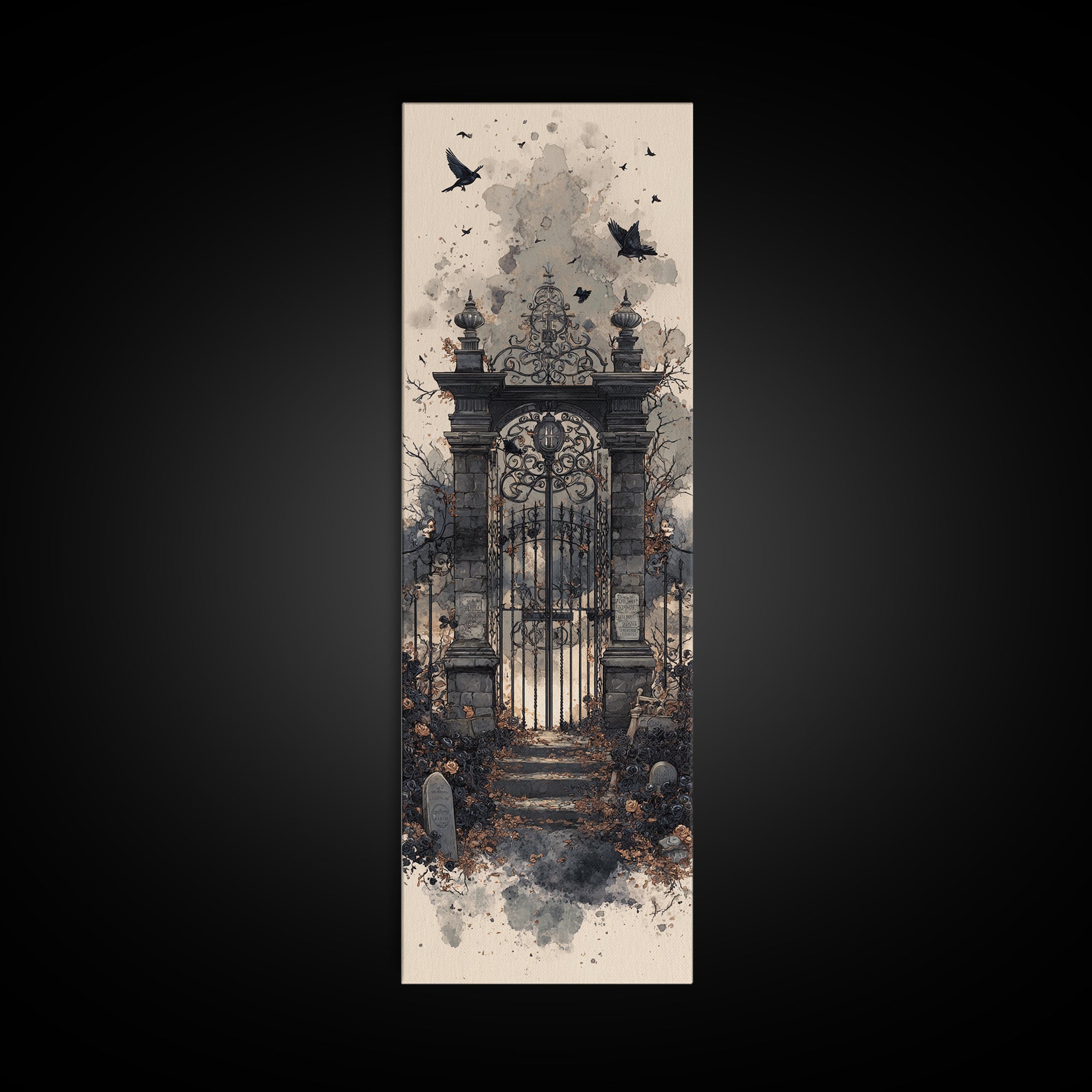 The Black Rose Cemetery Gate - Icon Portrait, Halloween Wall Art, Tall Narrow Wall Art, Framed Canvas Print, Halloween Home Decor