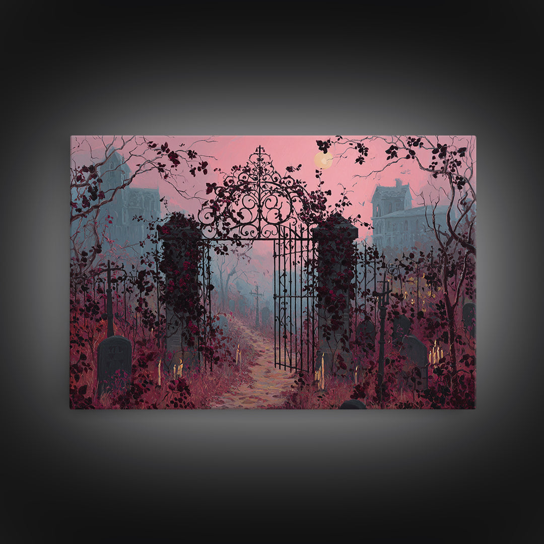 The Black Rose Cemetery Gate - Environmental Panorama, Macabre Halloween Art, Landscape Wall Art, Framed Canvas Print, Halloween Home Decor