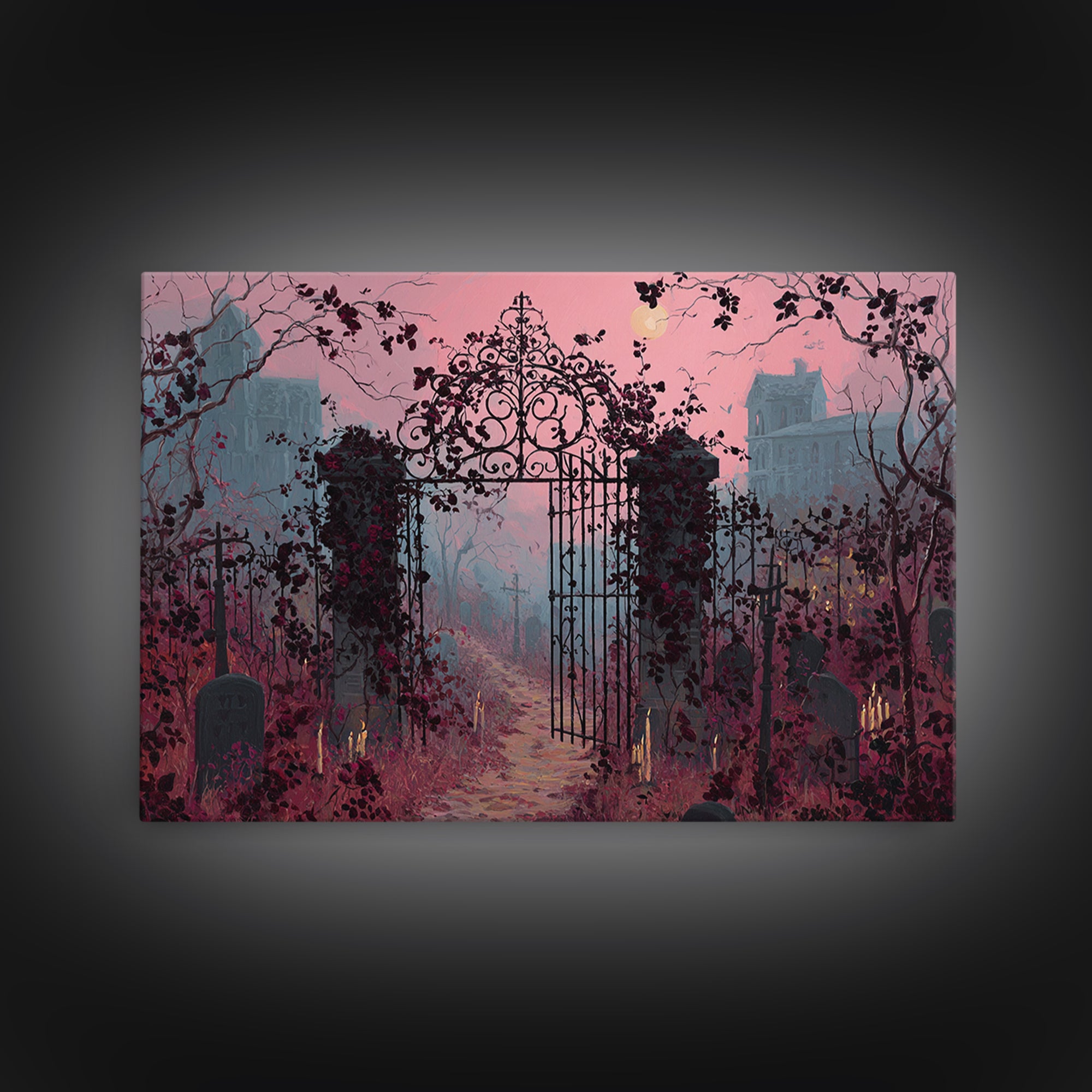 The Black Rose Cemetery Gate - Environmental Panorama, Macabre Halloween Art, Landscape Wall Art, Framed Canvas Print, Halloween Home Decor