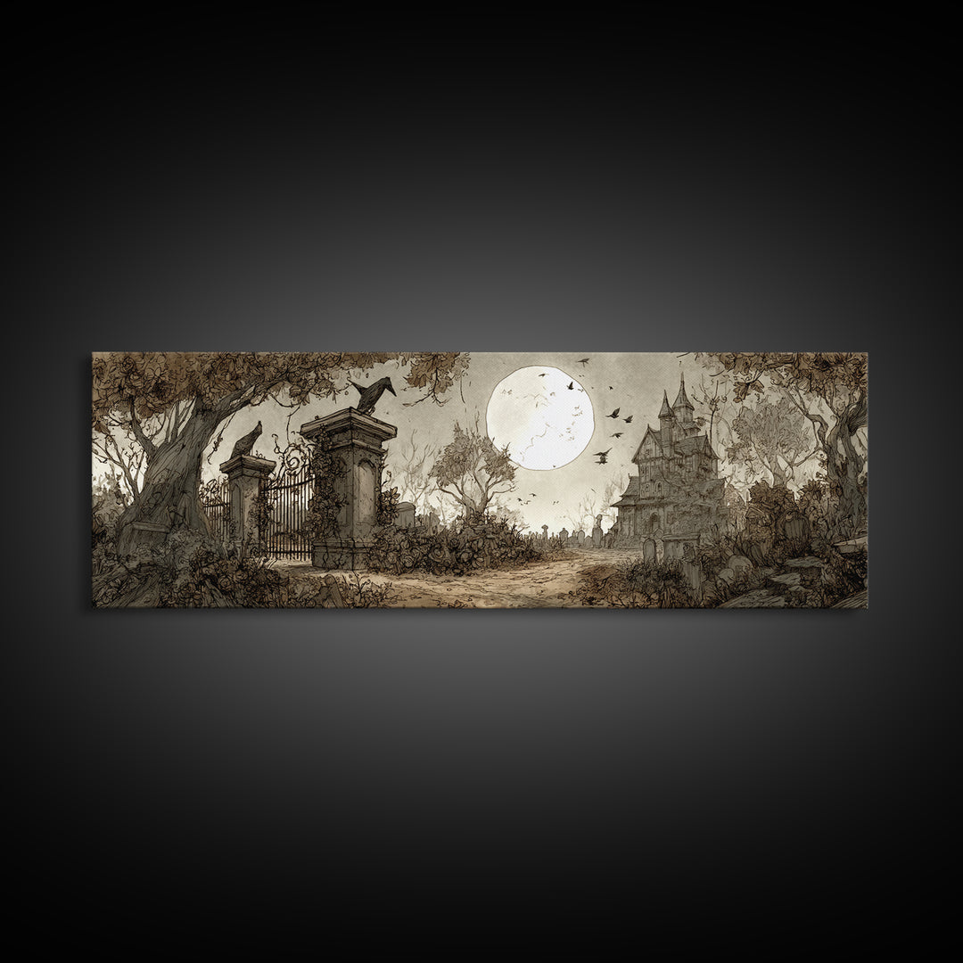 The Black Rose Cemetery Gate - Environmental Panorama, Macabre Halloween Art, Extra Wide Wall Art, Framed Canvas Print, Halloween Home Decor