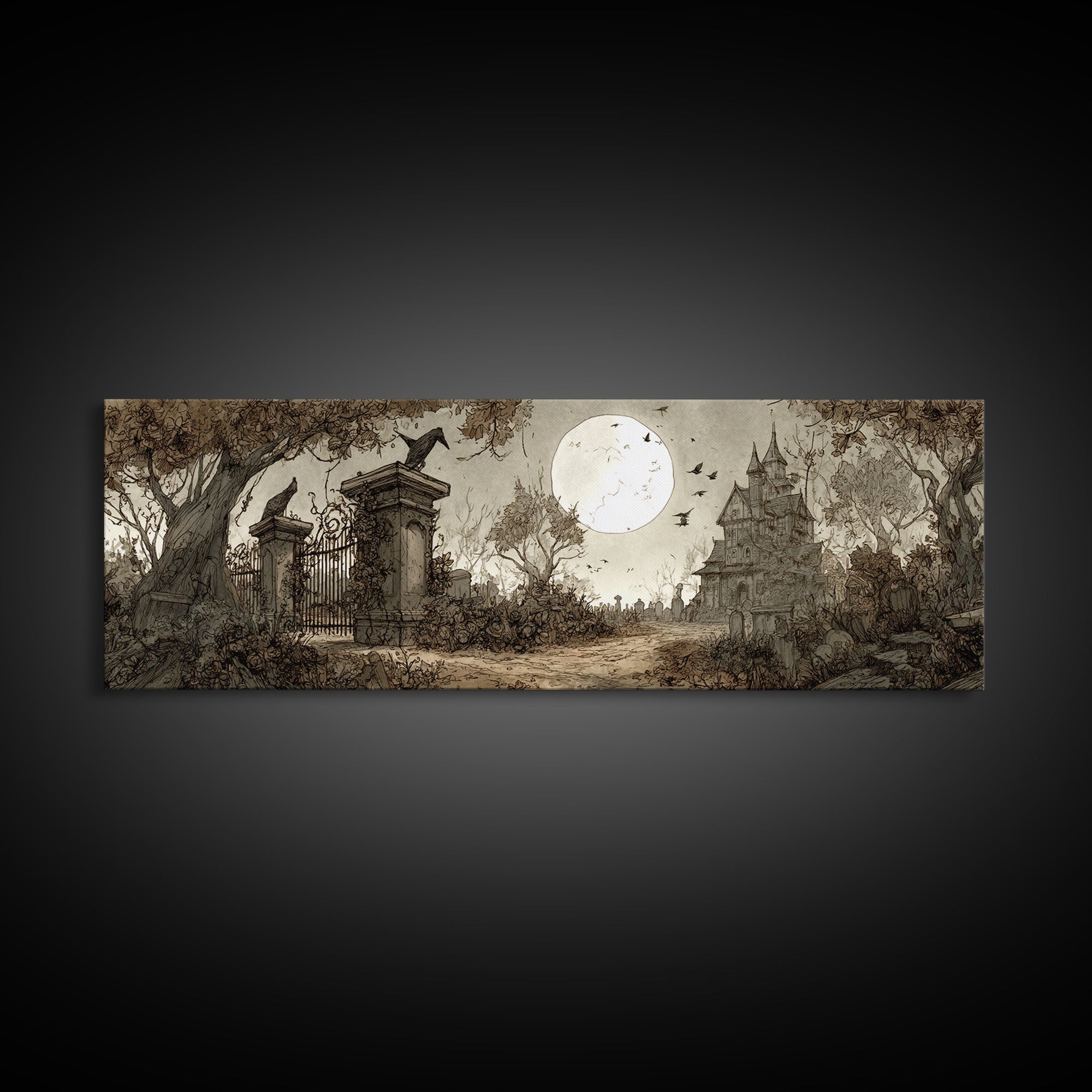 The Black Rose Cemetery Gate - Environmental Panorama, Macabre Halloween Art, Extra Wide Wall Art, Framed Canvas Print, Halloween Home Decor