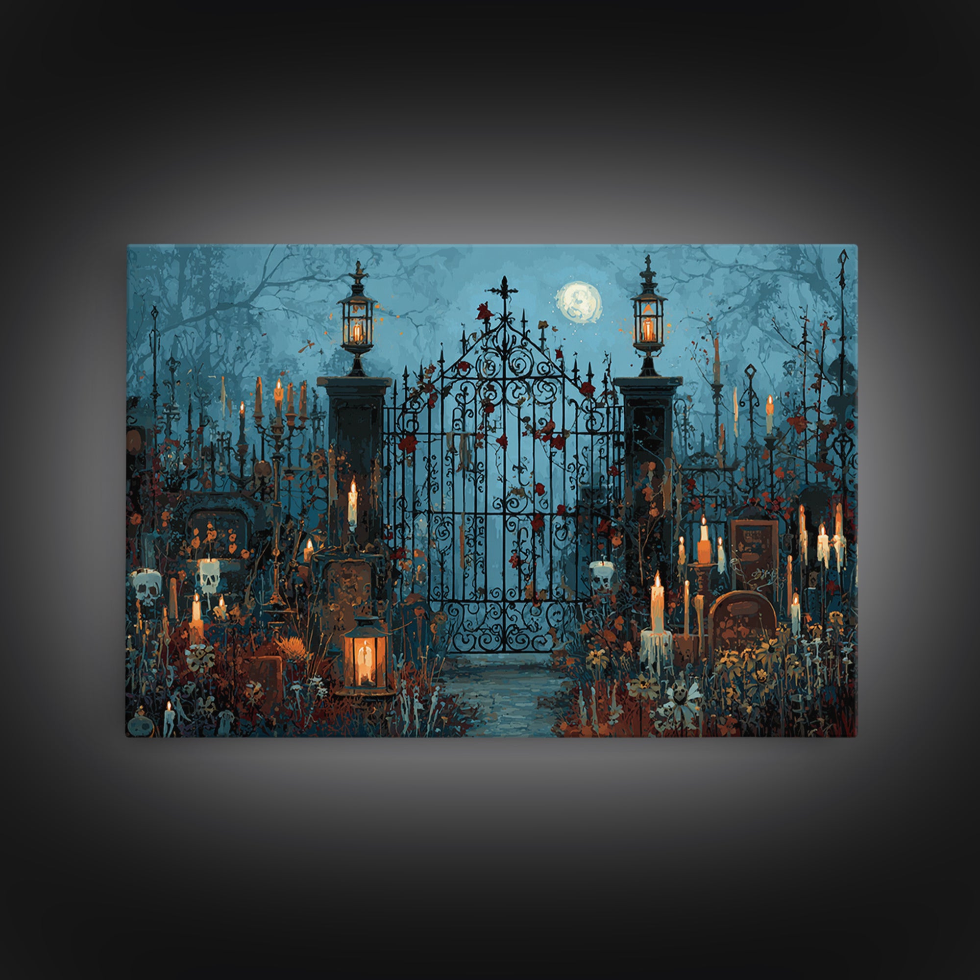 The Black Rose Cemetery Gate - Occult Still Life, Macabre Halloween Art, Landscape Wall Art, Framed Canvas Print, Halloween Home Decor